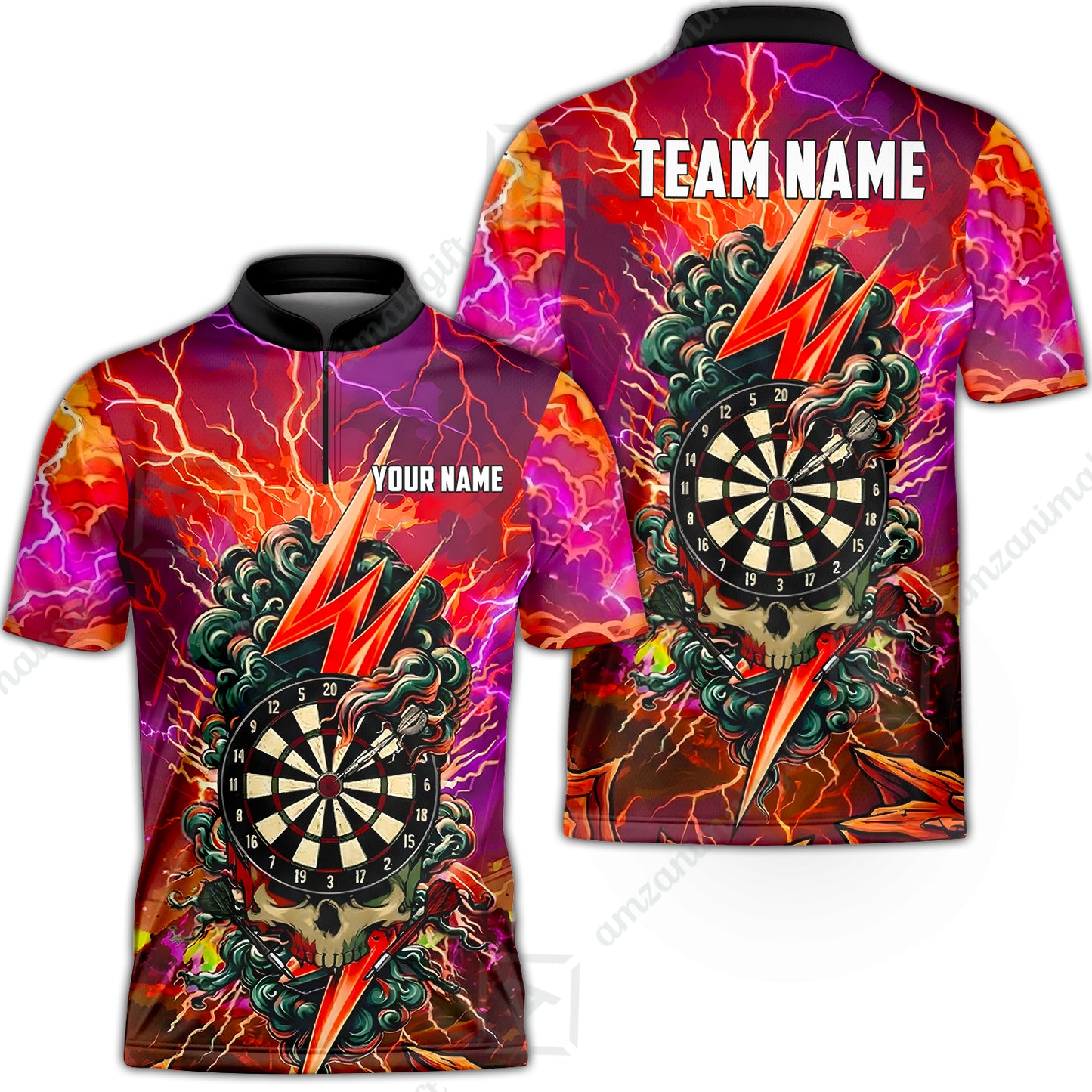 Custom Darts Team Jersey, Personalized Lightning Skull Dart Polo Shirt For Players With Name & Team Name