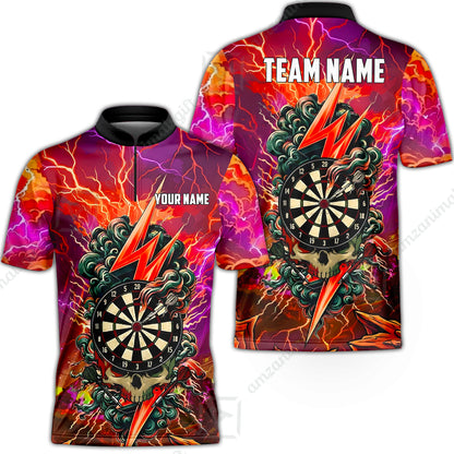Custom Darts Team Jersey, Personalized Lightning Skull Dart Polo Shirt For Players With Name & Team Name
