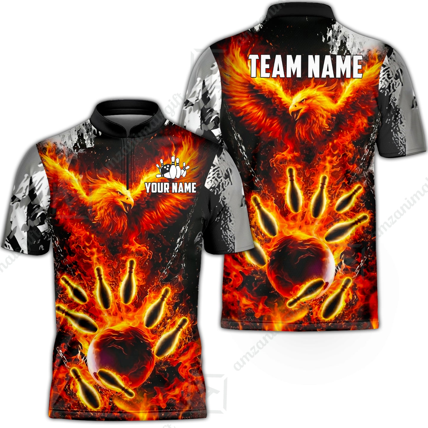 Custom Bowling Jersey Polo Shirt, Flaming Phoenix Bowling, Custom Bowling Jersey Team Shirt For Players With Name & Team Name
