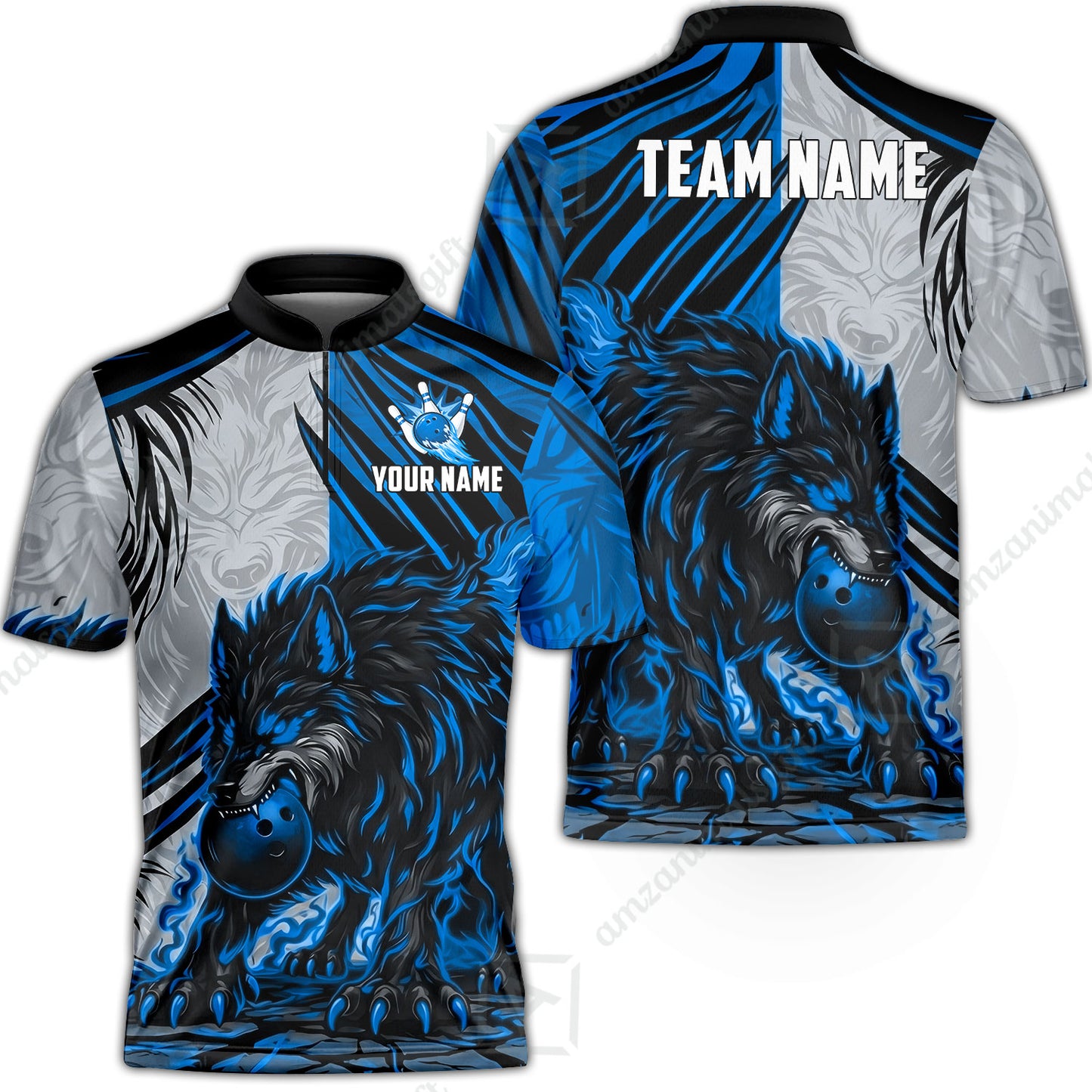 Custom Bowling Jersey Polo Shirt, Lone Wolf Strike & Emerald Frost, Custom Bowling Jersey Team Shirt For Players With Name & Team Name