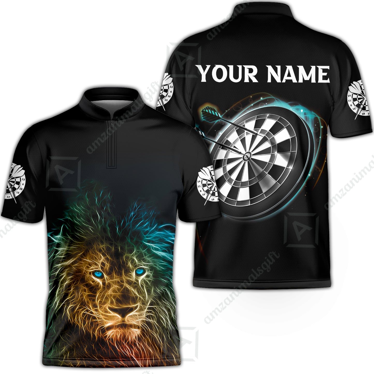 Customized Name Darts Polo Shirt, Blue Bullseye Dartboard Personalized Lion And Darts Polo Shirt