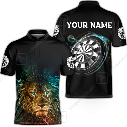 Customized Name Darts Polo Shirt, Blue Bullseye Dartboard Personalized Lion And Darts Polo Shirt