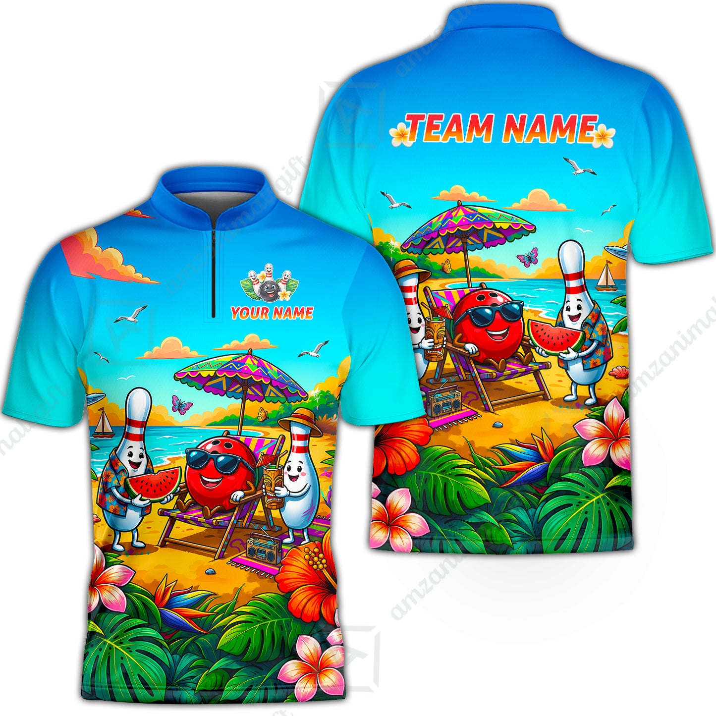 Custom Bowling Jersey Polo Shirt, Tropical Strikes, Custom Bowling Jersey Team Shirt For Players With Name and Team Name