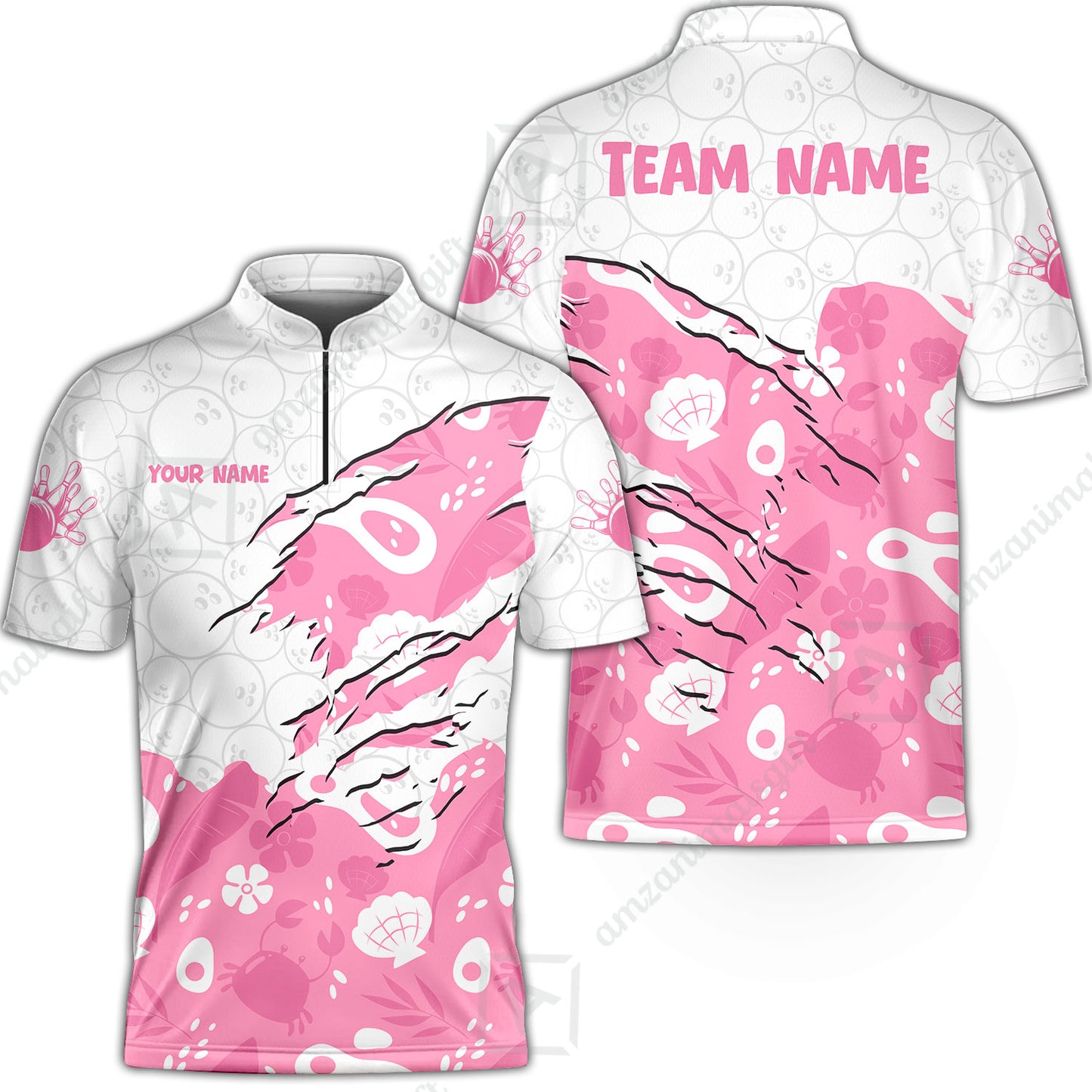 Custom Bowling Jersey Polo Shirt, Pattern Crab Half Crenate Ark Flower Glass, Personalize Name and Team Name