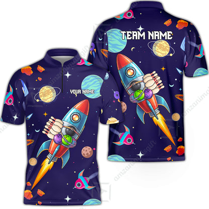 Custom Bowling Jersey Polo Shirt, Rockets Into Space, Custom Bowling Jersey Team Shirt For Players With Name and Team Name