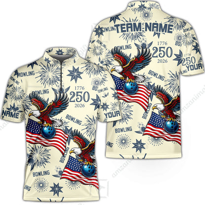 Custom Bowling Jersey Polo Shirt, USA 250 Years of Independence Bowling, Custom Bowling Jersey Team Shirt For Players With Name and Team Name