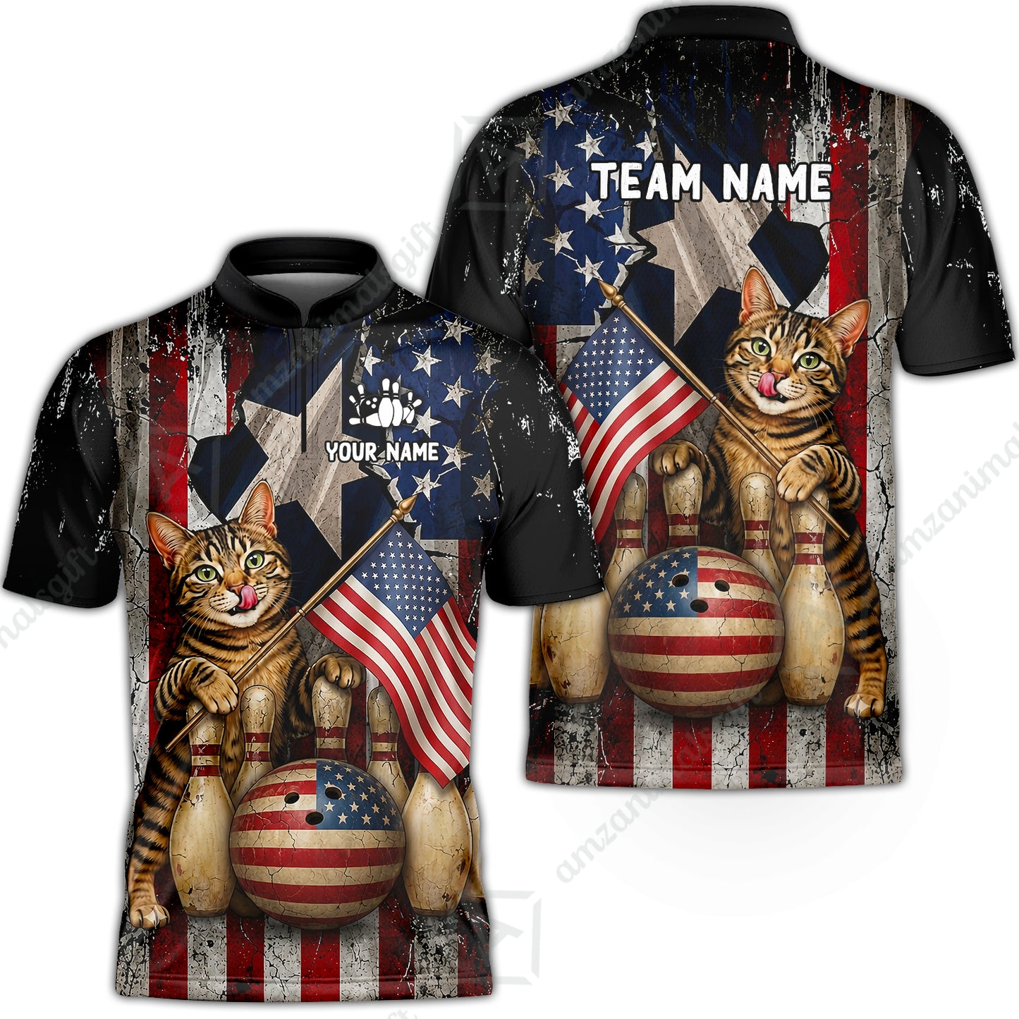 Custom Bowling Jersey Polo Shirt, American Flag and Alley Cats, Custom Bowling Jersey Team Shirt For Players With Name and Team Name