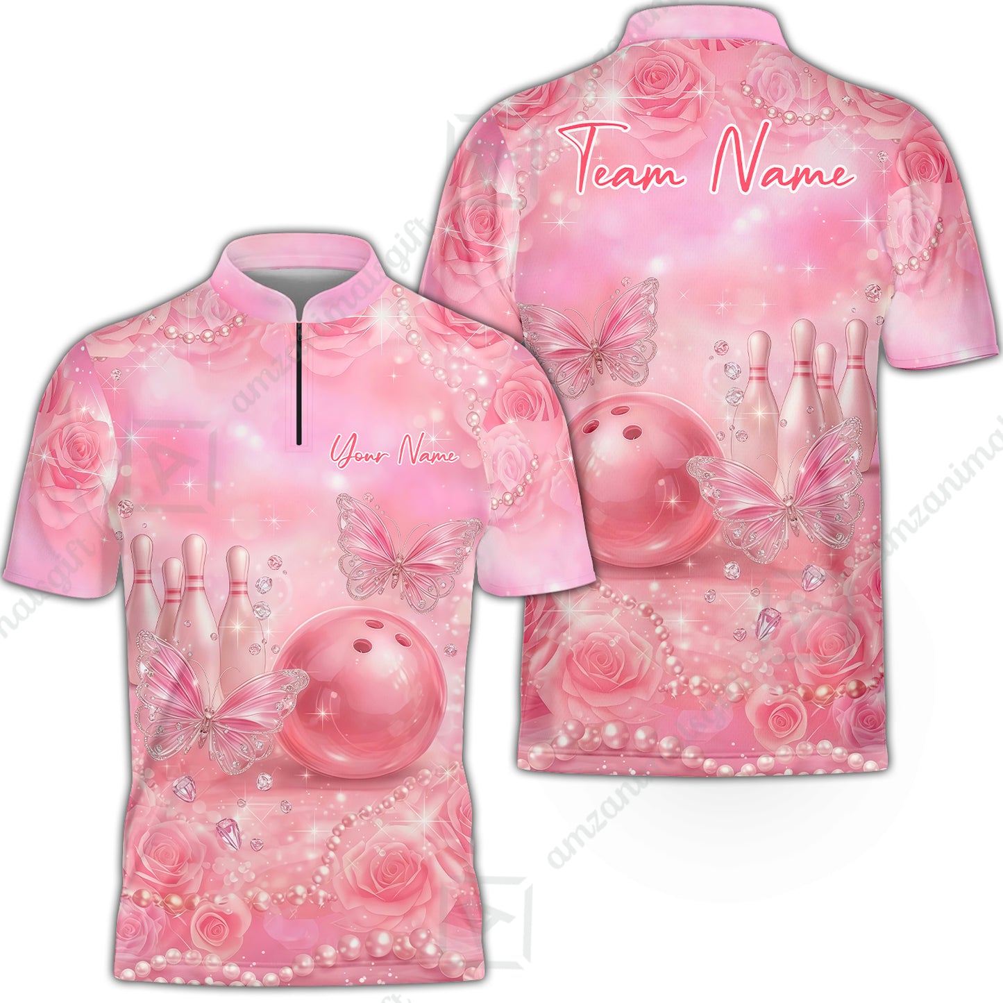 Custom Pink Diamond Bowling Jersey Polo Shirt, Custom Pink Diamond Bowling Jersey Team Shirt For Players With Name & Team Name