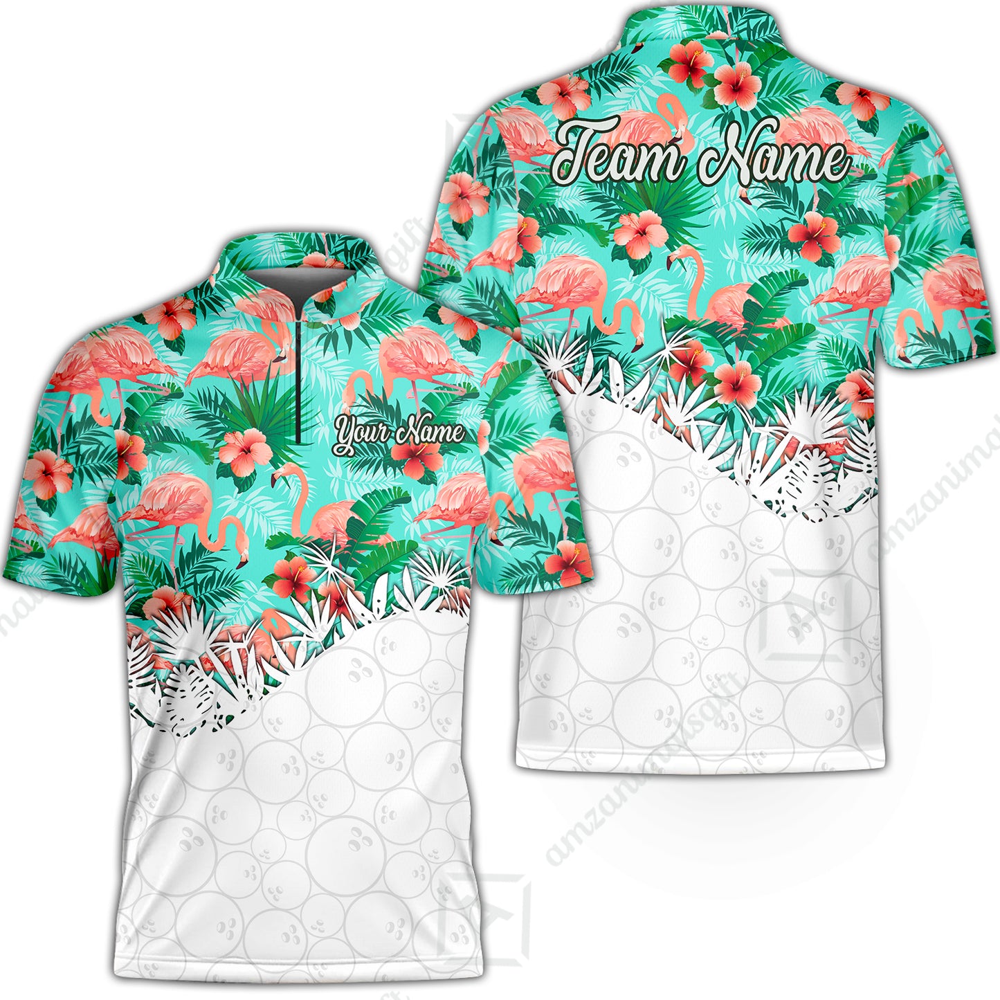 Custom Bowling Jersey Polo Shirt, Tropical Pink Flamingo Hawaiian, Custom Bowling Jersey Team Shirt For Players With Name & Team Name