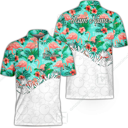 Custom Bowling Jersey Polo Shirt, Tropical Pink Flamingo Hawaiian, Custom Bowling Jersey Team Shirt For Players With Name & Team Name