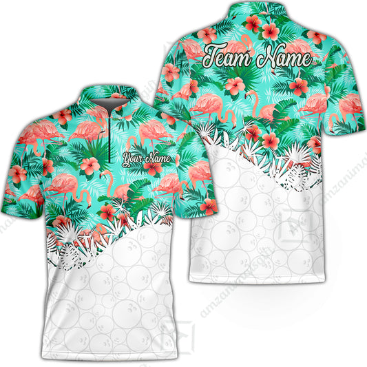 Custom Bowling Jersey Polo Shirt, Tropical Pink Flamingo Hawaiian, Custom Bowling Jersey Team Shirt For Players With Name & Team Name