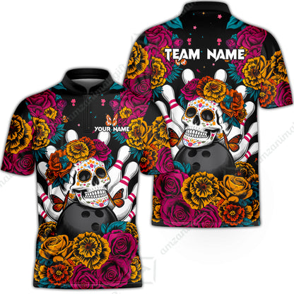 Custom Bowling Jersey Polo Shirt, Floral Skull Bowling, Personalize Name and Team Name