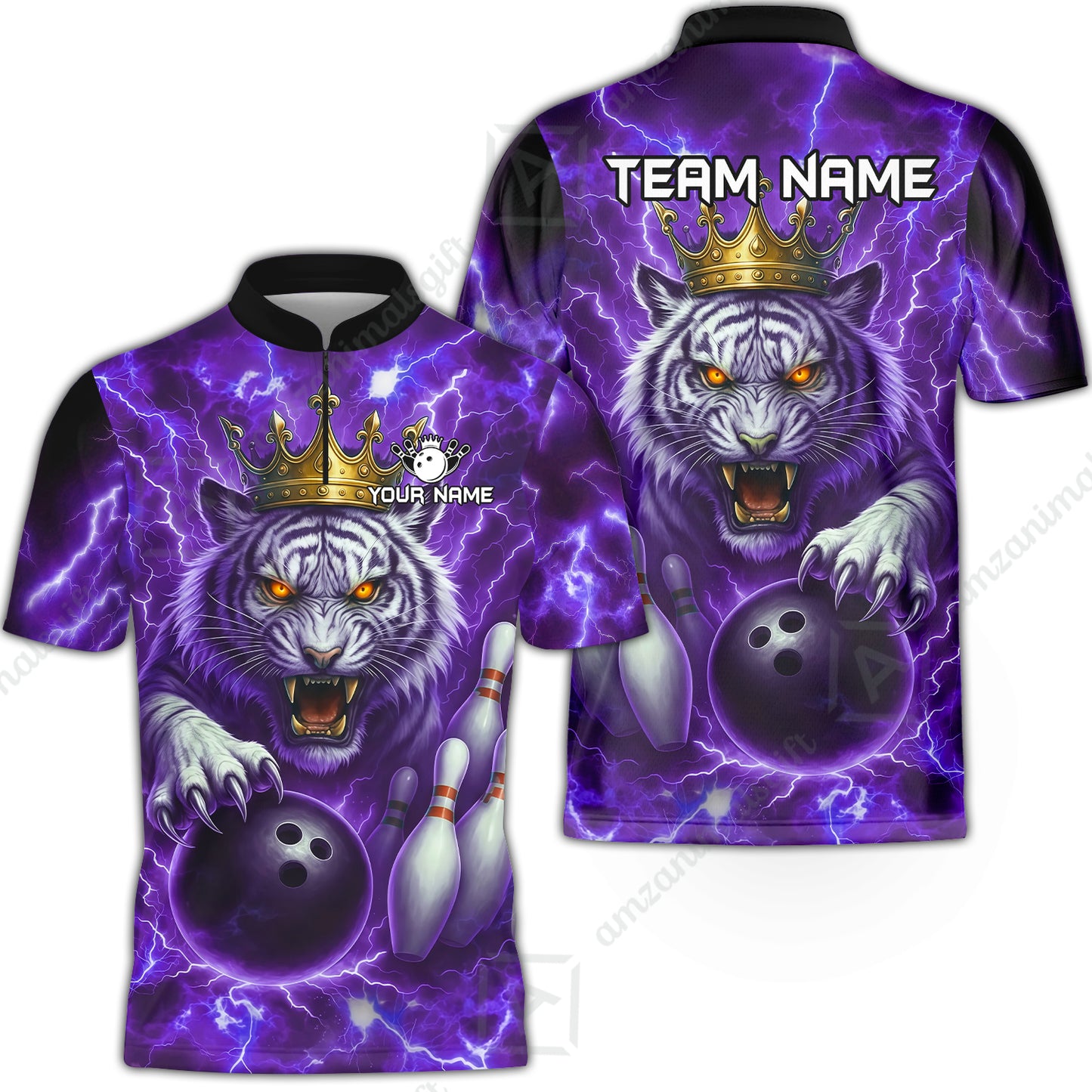 Custom Bowling Team Quarter-Zip Polo Shirt, Bowling White Tiger Lighting Shirt, Personalized Team Shirt with Custom Name
