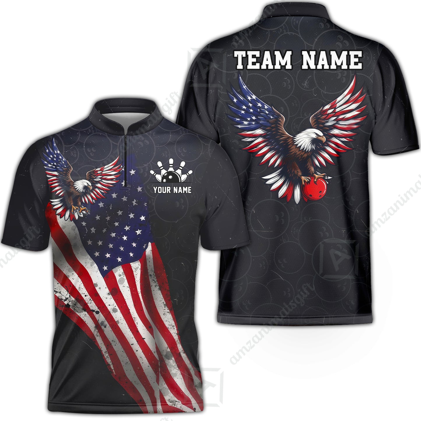 Custom Bowling Jersey Polo Shirt, USA Flag Draped Bald Eagle Strike, Custom Bowling Jersey Team Shirt For Players With Name & Team Name