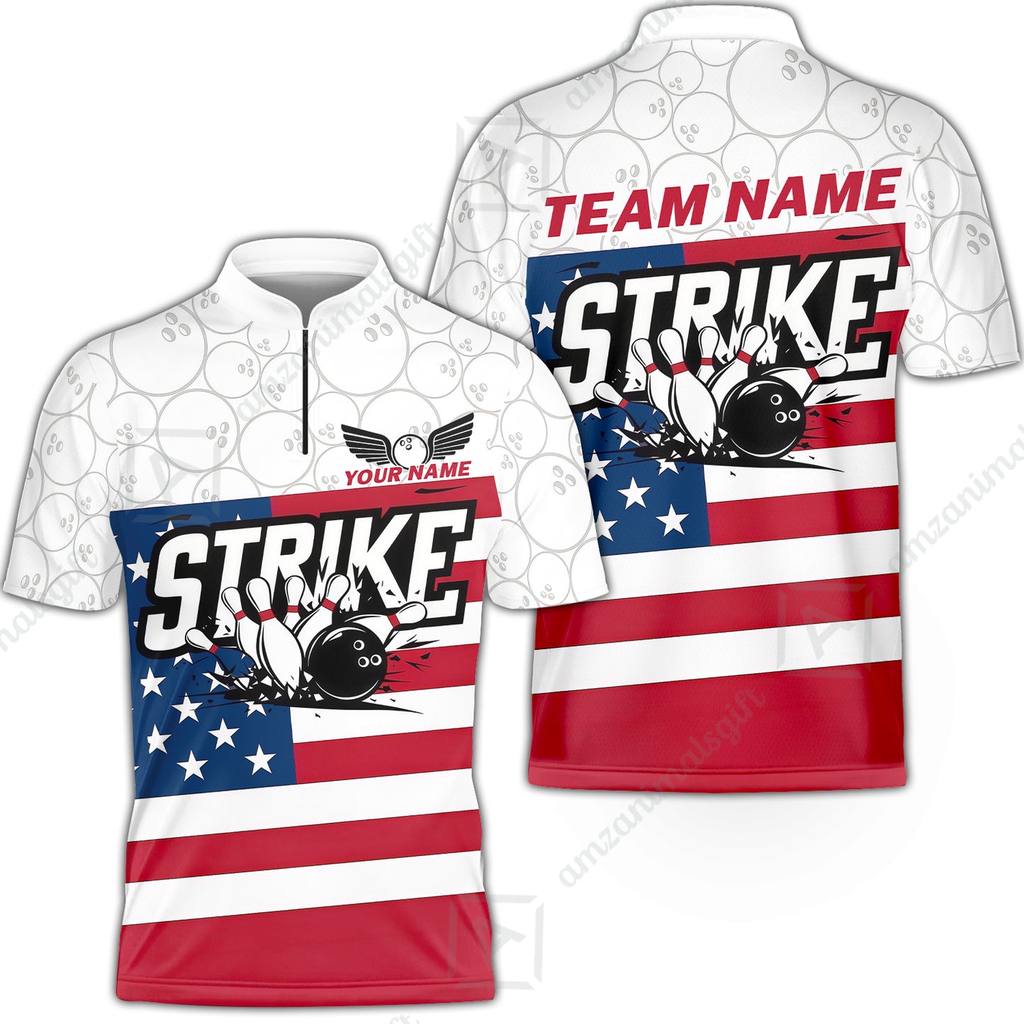 Custom Bowling Jersey Polo Shirt, Classic American Flag Block Strike, Custom Bowling Jersey Team Shirt For Players With Name and Team Name