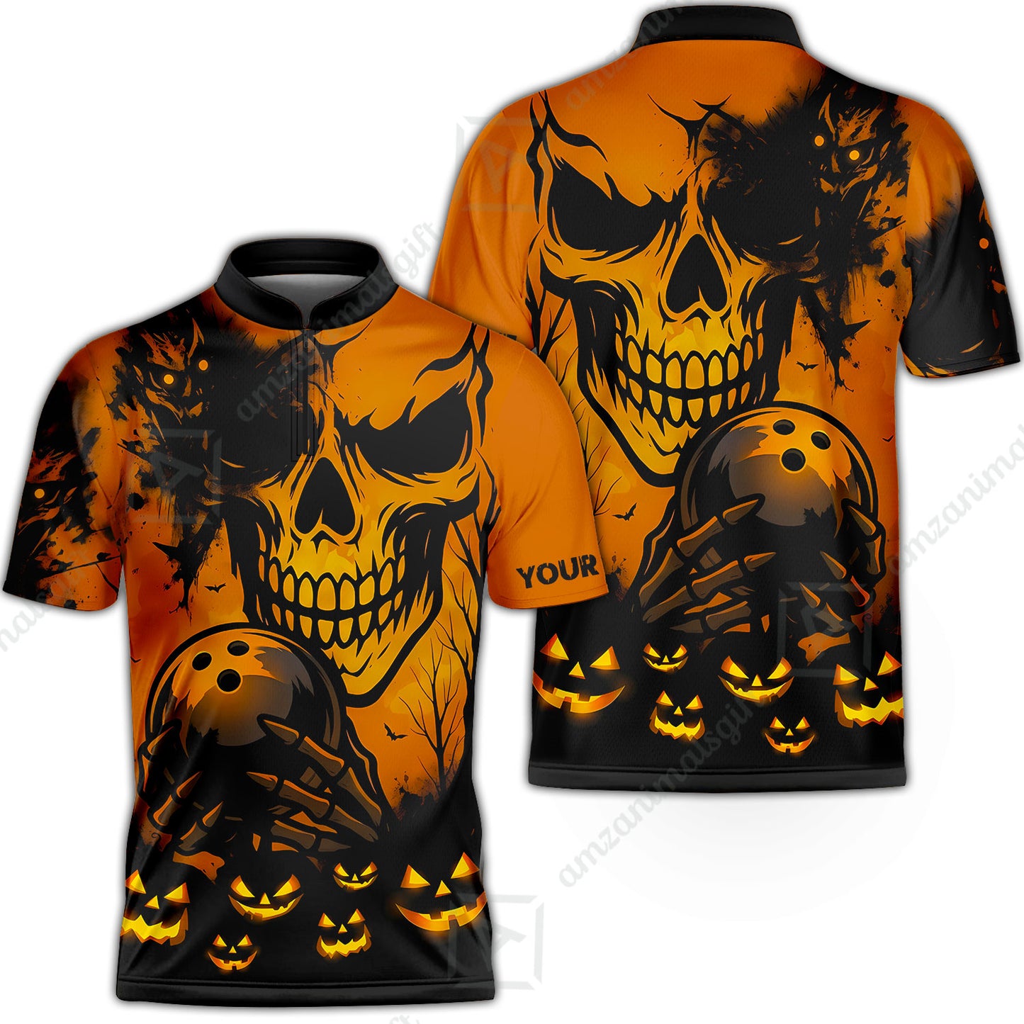 Custom Bowling Jersey Polo Shirt, Pumpkins Skull Halloween, Custom Bowling Jersey Team Shirt For Players With Name & Team Name