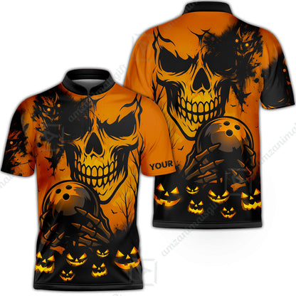 Custom Bowling Jersey Polo Shirt, Pumpkins Skull Halloween, Custom Bowling Jersey Team Shirt For Players With Name & Team Name