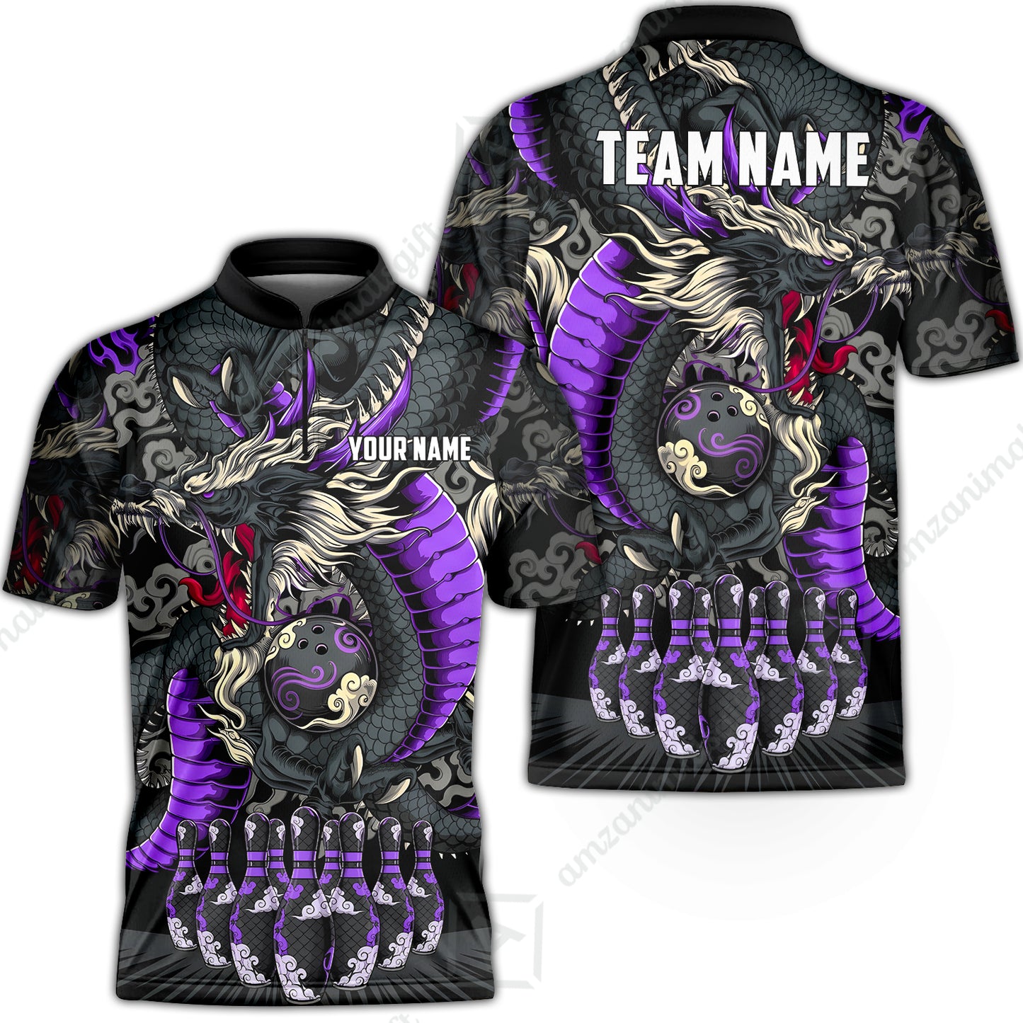 Custom Bowling Jersey Polo Shirt, Oriental Jade Dragon & Classic Clouds, Custom Bowling Jersey Team Shirt For Players With Name & Team Name