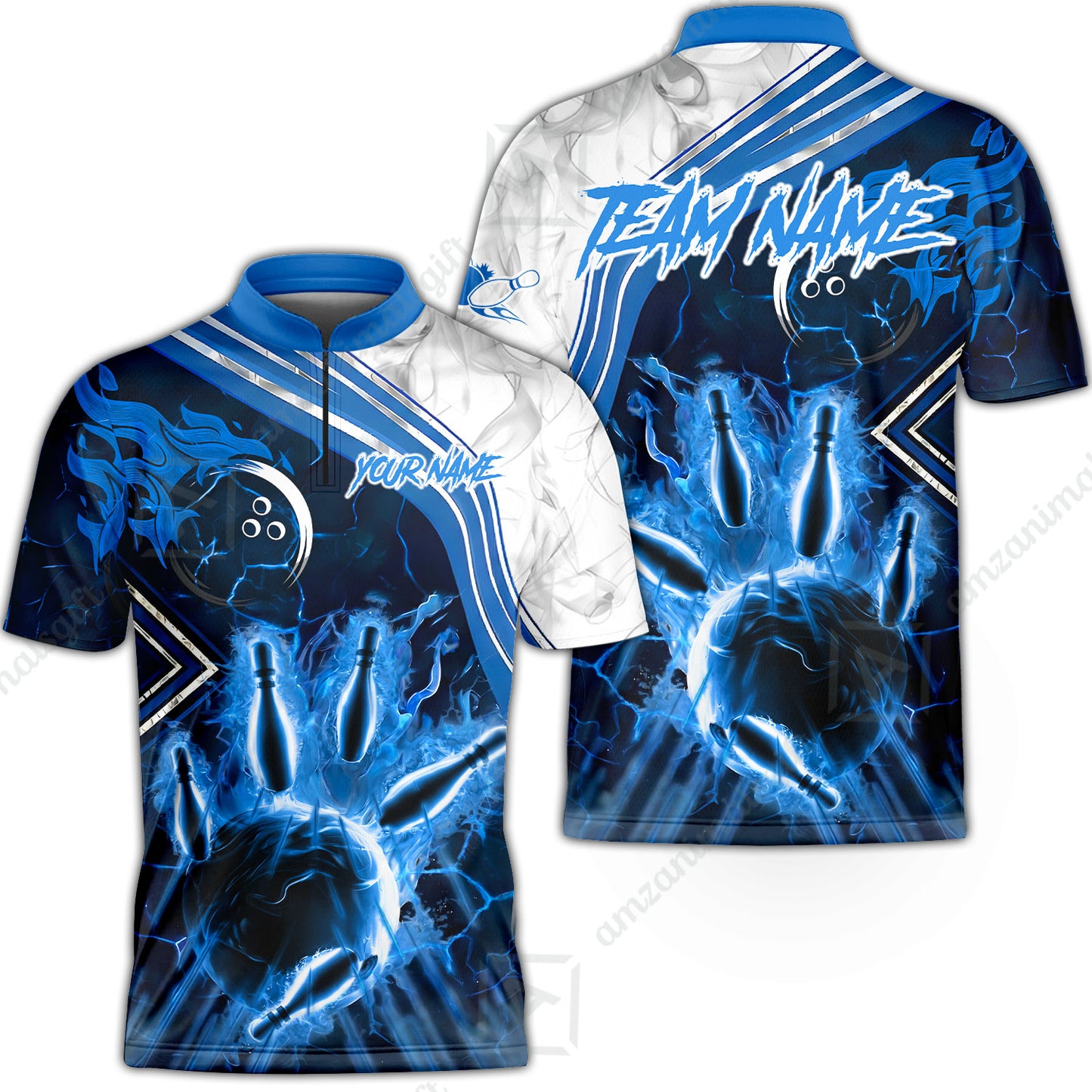 Customized Bowling Unisex Polo Shirt, Fire & Smoke Bowling Pins, Bowling Uniform - Personalized Name And Team Name