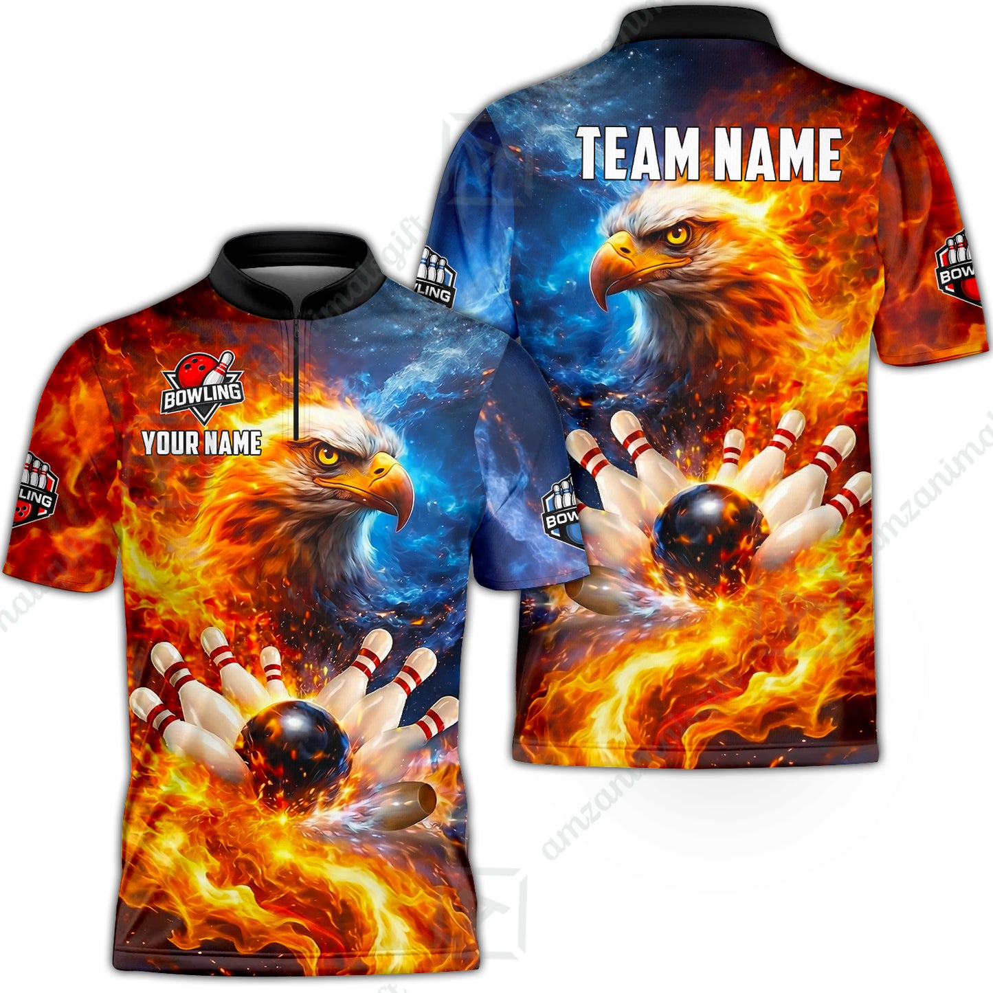Custom Bald Eagle and Fire Bowling Jersey Polo Shirt, Custom Bald Eagle and Fire Bowling Jersey Team Shirt For Players With Name & Team Name