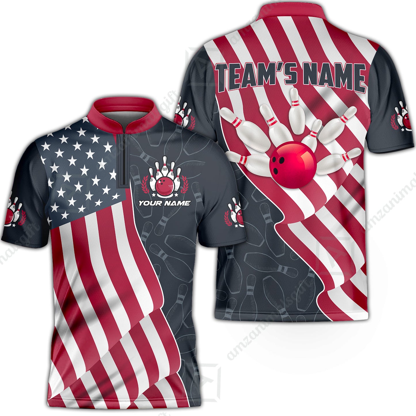 Customized Bowling Unisex Polo Shirt, Bowling America Flag Waving, Bowling Uniform - Personalized Name And Team Name