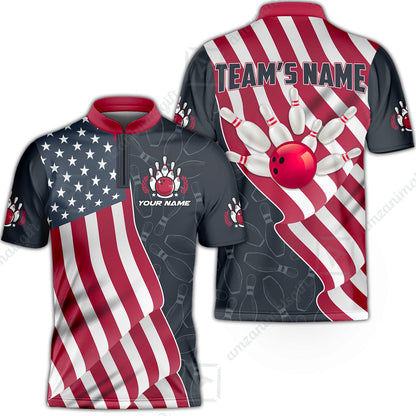 Customized Bowling Unisex Polo Shirt, Bowling America Flag Waving, Bowling Uniform - Personalized Name And Team Name