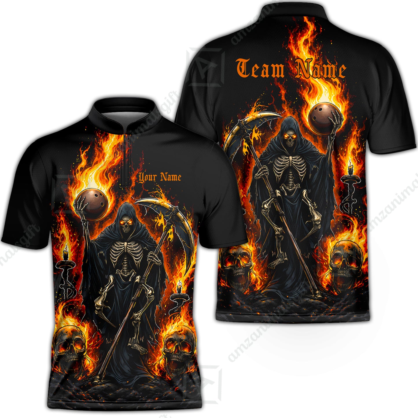 Custom Bowling Jersey Polo Shirt, Hellfire Grim Reaper, Personalize Name and Team Name