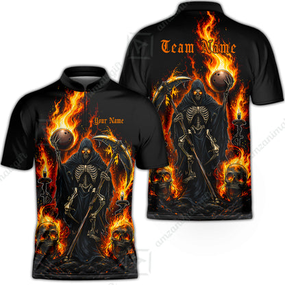 Custom Bowling Jersey Polo Shirt, Hellfire Grim Reaper, Personalize Name and Team Name