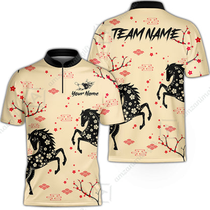 Customized Bowling Unisex Polo Shirt, Floral Pattern Horse Cherry Blossom, Bowling Uniform - Personalized Name Team Name