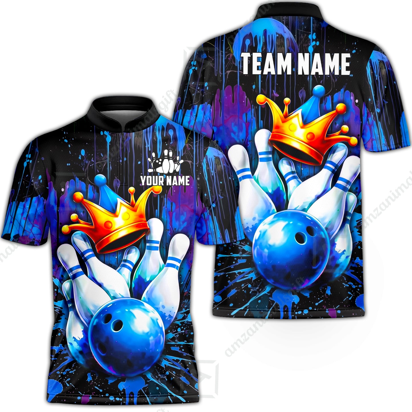 Custom Bowling Jersey Polo Shirt, Neon King Crown, Custom Bowling Jersey Team Shirt For Players With Name and Team Name