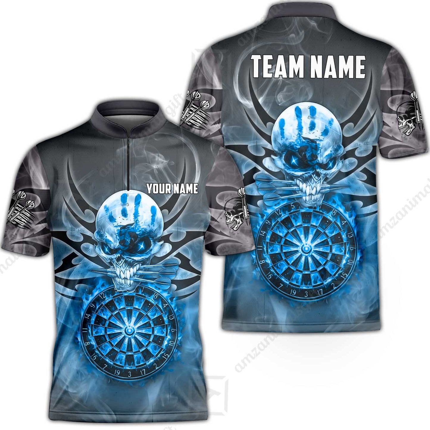 Custom Darts Jersey Polo Shirt, Glowing Fire Skull Tribal, Custom Dart Jersey Team Shirt For Players With Name & Team Name