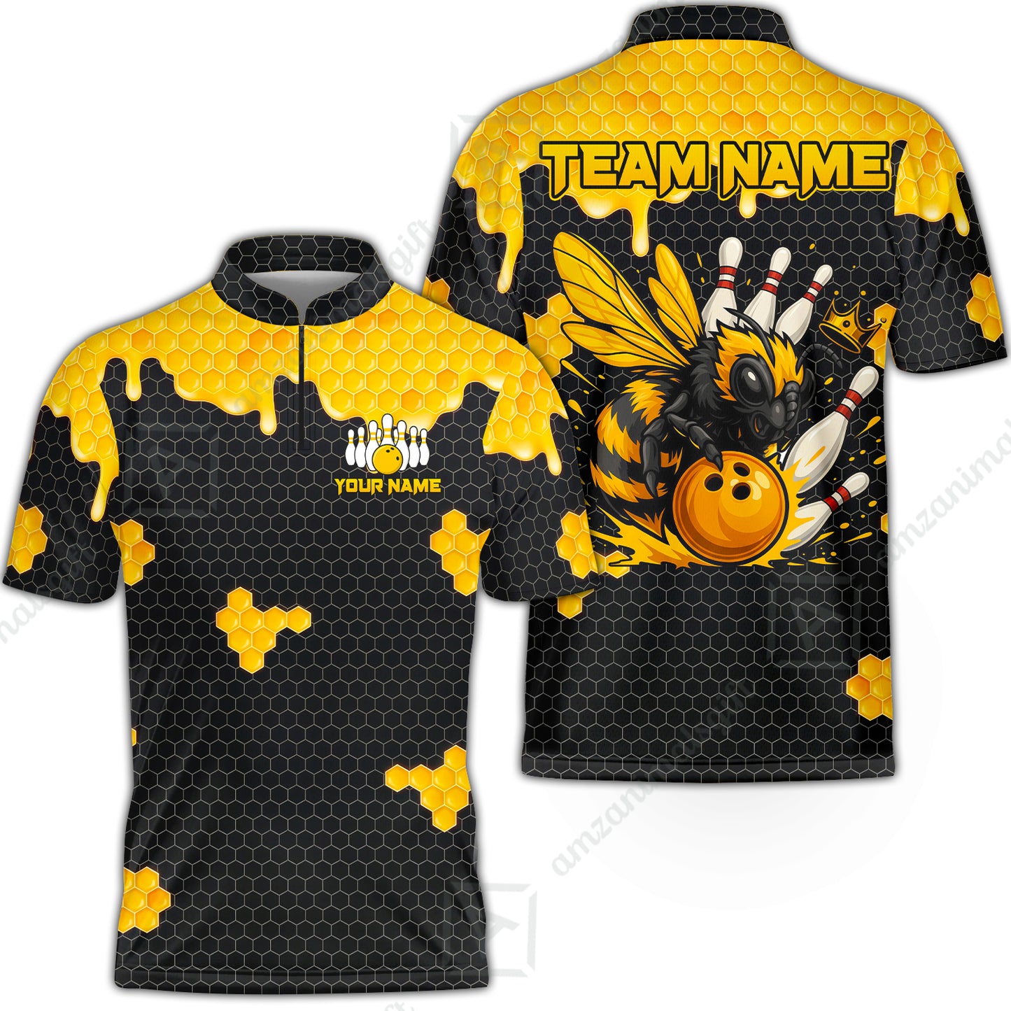Custom Bowling Jersey Polo Shirt, Golden Honeycomb Hornet, Custom Bowling Jersey Team Shirt For Players With Name and Team Name