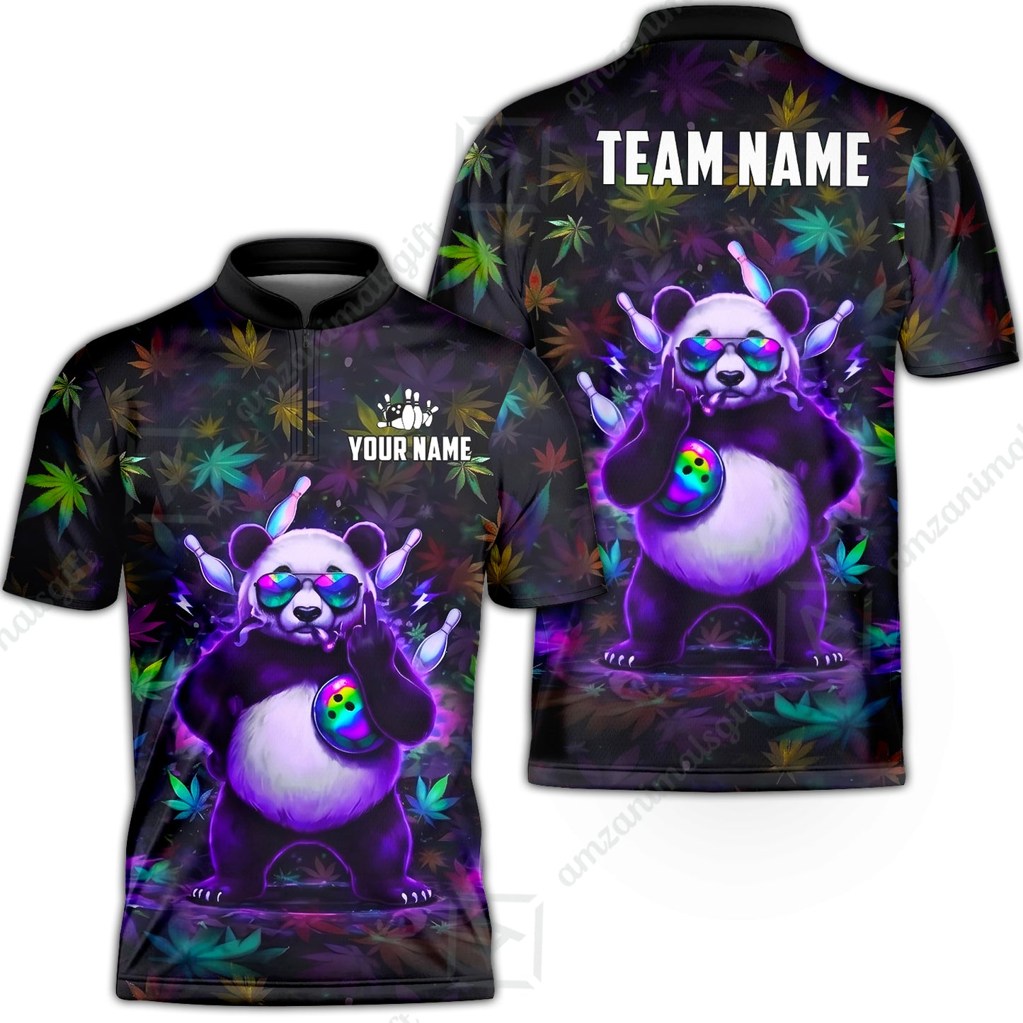 Custom Bowling Jersey Polo Shirt, Badass Stoner Panda & Psychedelic Leaves, Custom Bowling Jersey Team Shirt For Players With Name & Team Name