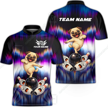 Custom Bowling Jersey Polo Shirt, Neon Cosmic Pug Bowling Custom Bowling Jersey Team Shirt For Players With Name & Team Name