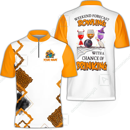 Custom Bowling Jersey Polo Shirt, Weekend Forecast Bowling With A Chance Of Drinking, Personalize Name and Team Name
