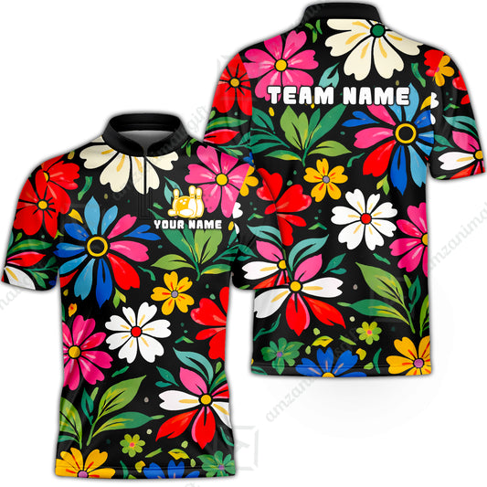 Custom Bowling Jersey Polo Shirt, Vibrant Summer Bloom Floral, Custom Bowling Jersey Team Shirt For Players With Name and Team Name