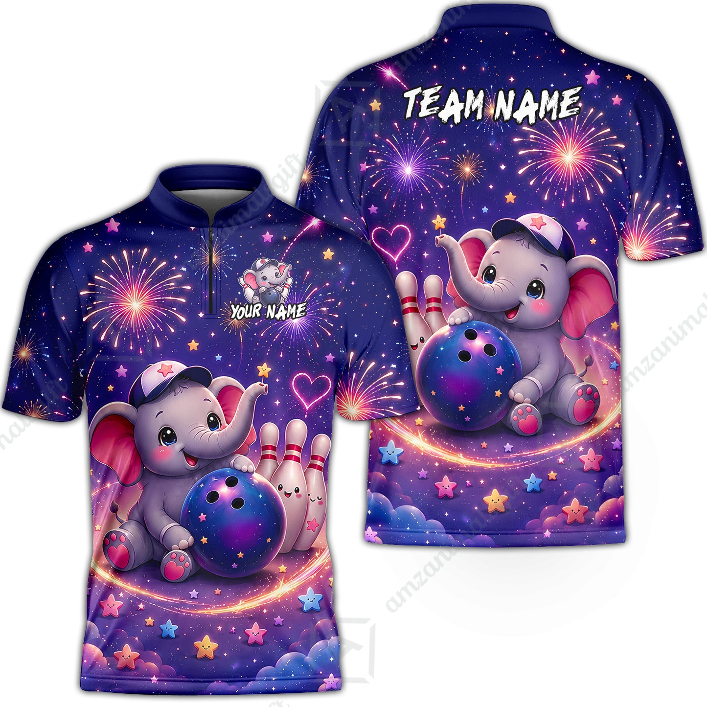 Custom Bowling Jersey Polo Shirt, Cute Elephant Holding Ball, Personalize Name and Team Name
