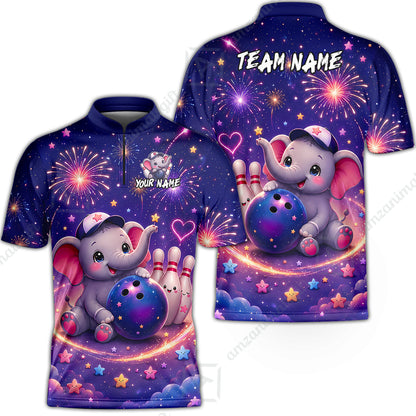 Custom Bowling Jersey Polo Shirt, Cute Elephant Holding Ball, Personalize Name and Team Name