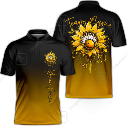 Custom Bowling Jersey Polo Shirt, Sunflower Bowling Pin Gradient Background, Custom Bowling Jersey Team Shirt For Players With Name and Team Name