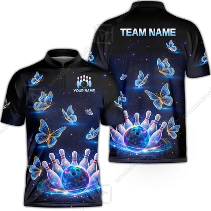 Custom Bowling Jersey Polo Shirt, Bowling Butterfly Galaxy Neon Light, Personalized Name And Team Name