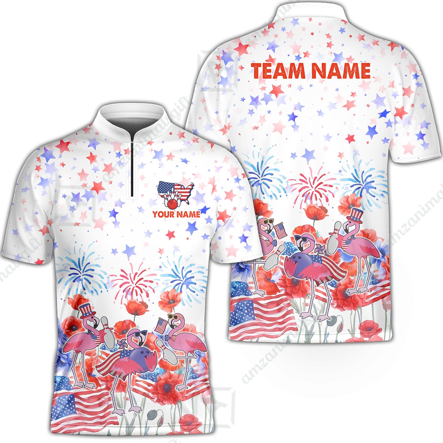 Custom Bowling Jersey Polo Shirt, 4th of July Flamingo Bowling, Custom Bowling Jersey Team Shirt For Players With Name & Team Name