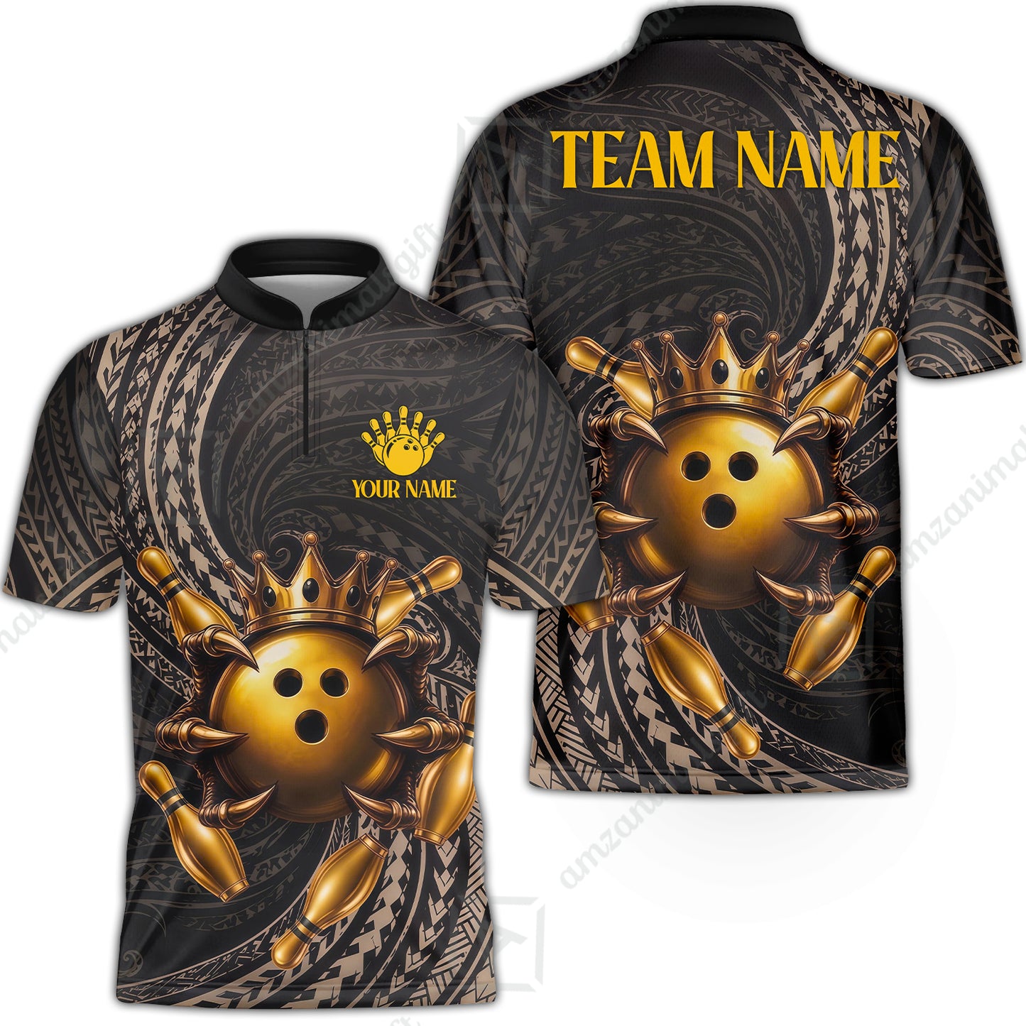 Custom Bowling Jersey Polo Shirt, Maori Tattoo Bowling Crown Gold Color, Custom Bowling Jersey Team Shirt For Players With Name and Team Name