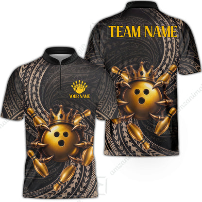 Custom Bowling Jersey Polo Shirt, Maori Tattoo Bowling Crown Gold Color, Custom Bowling Jersey Team Shirt For Players With Name and Team Name