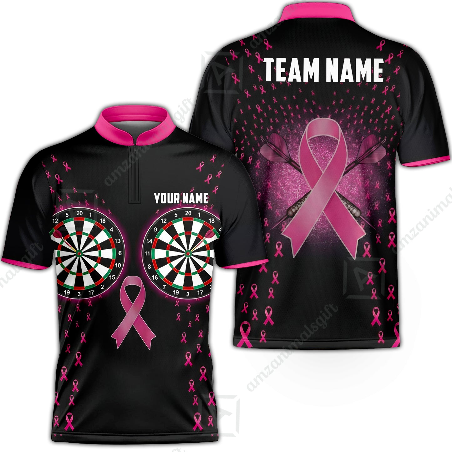 Custom Darts Team Jersey, Personalized Pink Ribbon Darts Polo Shirt For Players With Name & Team Name