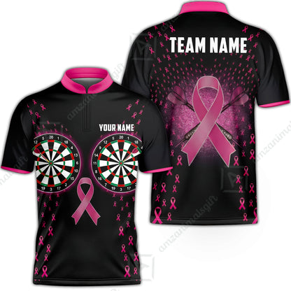 Custom Darts Team Jersey, Personalized Pink Ribbon Darts Polo Shirt For Players With Name & Team Name