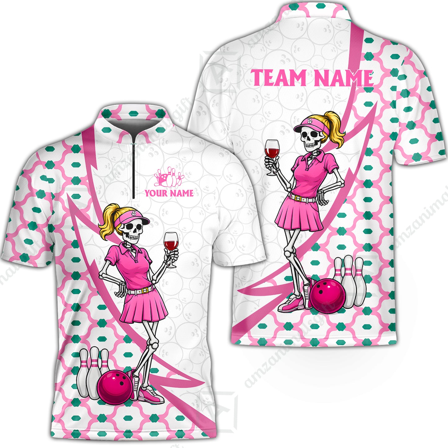 Custom Bowling Jersey Polo Shirt, Pink Skeleton Bowling, Personalize Name and Team Name