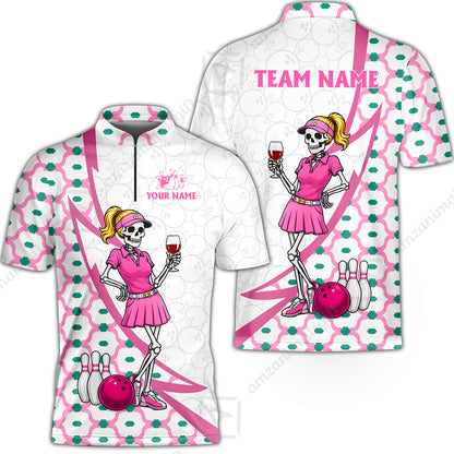 Custom Bowling Jersey Polo Shirt, Pink Skeleton Bowling, Personalize Name and Team Name