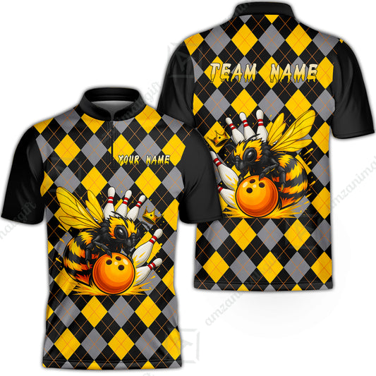 Custom Bowling Jersey Polo Shirt, Argyle Bee Mascot, Custom Bowling Jersey Team Shirt For Players With Name and Team Name