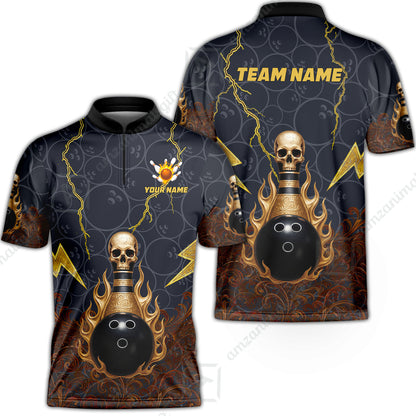 Custom Bowling Team Unisex Polo Shirt, Thunder Skull Strike Personalized Team Shirt, Custom Name and Team Name for Bowlers