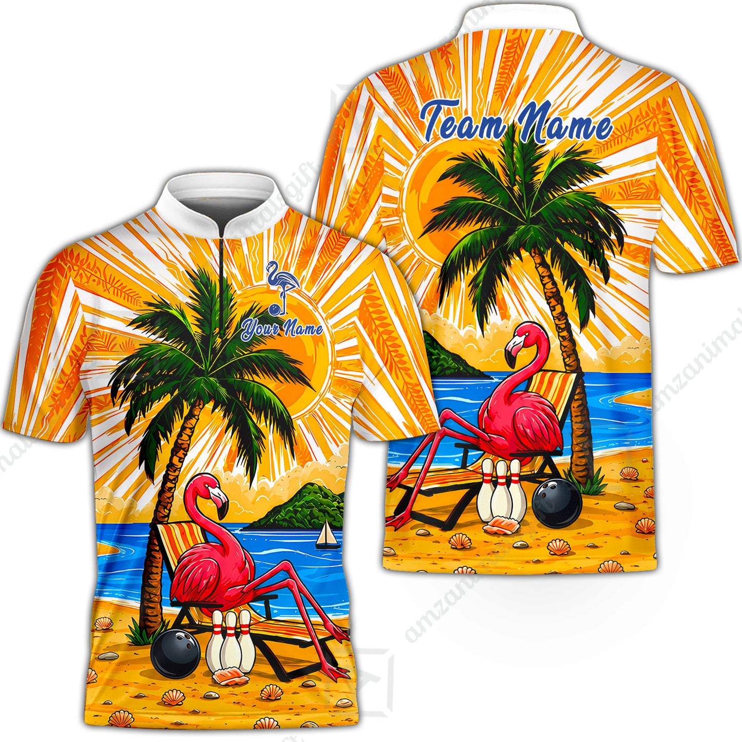 Custom Bowling Jersey Polo Shirt, Flamingo Aloha, Custom Bowling Jersey Team Shirt For Players With Name and Team Name